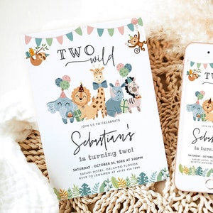Plantilla de invitación de cumpleaños de safari editable Invitación de cumpleaños de animales de safari imprimible Fiesta de cumpleaños número 2 de la jungla Tarjeta de cumpleaños de dos animales salvajes J52