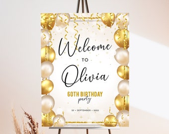 Gold Birthday Party Welcome Sign Template Editable Gold Confetti Balloons Birthday Easel Sign Printable  Sign Birthday Party Poster J55