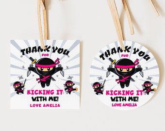 EDITABLE Ninja Favor Tags Ninja Birthday Thank You Tags Pink Ninja Warrior Gift Tag Karate Girl Printable Martial Arts Label Template J26