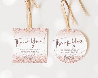Rose Gold Favor Tags Editable Thank You Tags Shinny Glittery Confetti Gift Tag Square Circle Printable Birthday Tag Template Label Tag J58