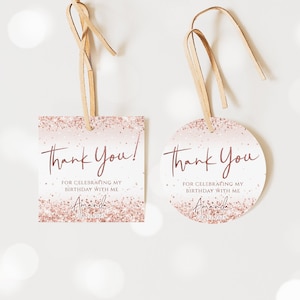 Etichette per bomboniere in oro rosa Etichette modificabili per ringraziamenti Etichetta regalo con coriandoli scintillanti Etichetta regalo con cerchio quadrato Modello per etichetta di compleanno stampabile Etichetta etichetta J58