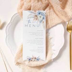 Bewerkbare blauwe boho menusjabloon blauwe Foral Mene partij stoffige blauwe bruiloft menu staalblauw menu afdrukbare blauwe dinermenukaarten BT7