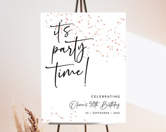 Minimalist Welcome Sign Template Editable Rose Gold Glittery Birthday Welcome Sign Party Easel Sign Printable It's Party Time Poster J47