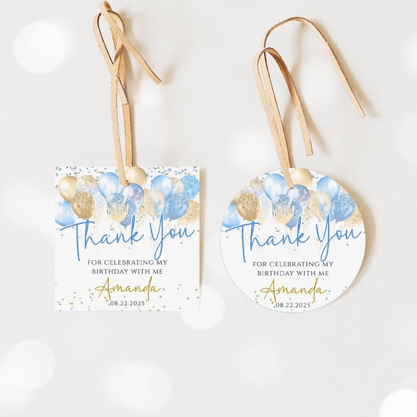 Blue Gold Favor Tags Balloons Editable Birthday Thank You Tags Gold Glittery Gift Tag Pastel Blue Balloons Printable Template Sticker J59