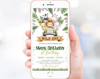 Wild One Birthday Invitation Template, Safari Animals Birthday Invite, Editable 1st Birthday Printable, Electronic Wild Animals Birthday SA2