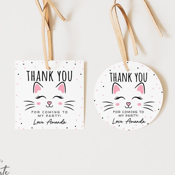 EDITABLE Kitten Cat Favor Tags Kitty Face Birthday Thank You Tags Template Printable Gift Tag Cat Face Theme Girl Square Round Sticker J41
