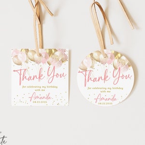 EDITABLE Gold and Blush Pink Favor Tags Balloons Birthday Thank You Tags Gold Glittery Gift Tag Pastel Pink Printable Template Sticker J36