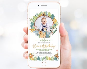Editable Safari Birthday Invitation Template Electronic Wild One Safari Animals Birthday Jungle Party Invite with Photo Evite 1st Bday J52