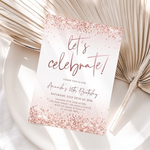 Rose Gold Lassen Sie uns Feiern Einladung Vorlage Editierbar Überraschung Geburtstagsfeier einladen Printable Baby Shower Party Jedes Alter Gold Glitzernd J58