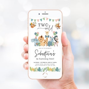 Plantilla de invitación de cumpleaños de safari editable Invitación de cumpleaños electrónica de animales de safari Fiesta de segundo cumpleaños de la jungla Tarjeta de cumpleaños de dos animales salvajes J52