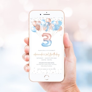 Editable 3rd Birthday Invitation Electronic Rose Gold Blue Balloons 3rd Birthday Invite Template Number 3 Boy Girl Birthday Party Invite J57