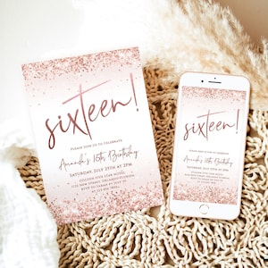 Mädchen-Geburtstagseinladung Druckbare 16. Geburtstagsparty einladen Bearbeitbare Vorlage Rose Gold Glitzernde Konfetti Sechzehn Geburtstagskarte Evite J58