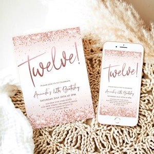 Meisje verjaardagsuitnodiging afdrukbare 12e verjaardagsfeestje uitnodigen bewerkbare sjabloon Rose goud glittery confetti twaalf verjaardagskaart Evite J58