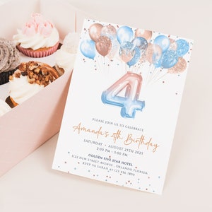 Editable 4th Birthday Invitation Template Rose Gold Blue Balloons 4th Birthday Invite Printable Number 4 Boy Girl Birthday Party Invite J57