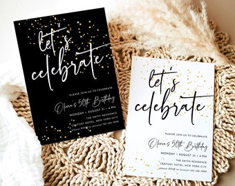 Minimalist Let&#39;s Celebrate Invitation Template Editable Surprise Birthday Party Invite Printable Baby Shower Party Any Age Gold Glittery J47
