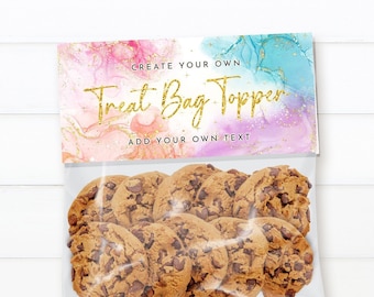 Plantilla de adorno para bolsa de golosinas de colores, diseño editable de bolsa de golosinas para cumpleaños, calcomanía para baby shower, etiqueta imprimible para bolsa de golosinas de cumpleaños J1