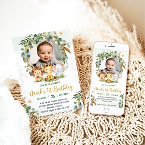 Safari Animals Birthday Invitation Template, Printable First Birthday Invite, Editable 1st Birthday with Photo, Wild One Birthday Invite
