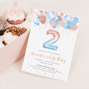 Bearbeitbare Geburtstagseinladungsvorlage Roségoldblaue Luftballons 2nd Birthday Invite Printable Number 2 Girl Birthday Party Invite J57