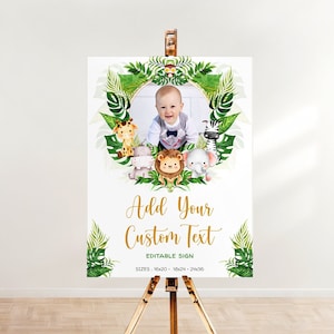Plantilla de letrero de bienvenida con animales de safari editable, letrero de cumpleaños de safari, letreros imprimibles de jungla, póster de fiesta con foto, decoración de fiesta Wild One J51