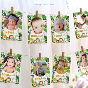 BEWERKBARE eerste verjaardag maandelijkse banner afdrukbare safaridieren 1e jaar foto mijlpaal fotokaart Wilde verjaardagsfeestje Decor Jungle J7