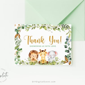 Sjabloon Safari dieren bedankkaart bewerkbare wilde dieren bedankkaart babyshower doop verjaardagsfeestje aangepaste gepersonaliseerde kaart J5