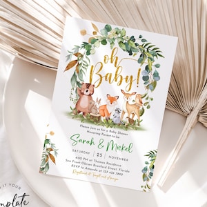Editable Woodland Baby Shower Invitation Template Printable Baby Shower Invite Woodland Greenery Baby Shower Invite Baby Girl Boy Party J40