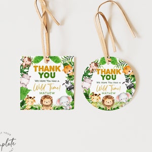 Etiquetas de regalo de animales de safari editables Etiquetas de agradecimiento de cumpleaños de Wild One Etiqueta de regalo de animales de la jungla Plantilla imprimible de animales de safari Pegatina para niño J7