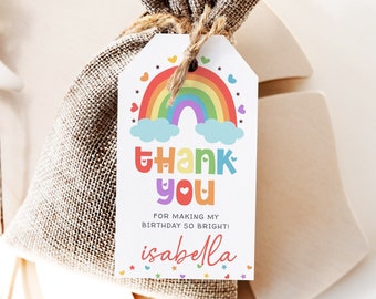 Rainbow Thank You Tag Template Editable Rainbow Favor Tag Colorful Birthday Gift Tags Sticker Printable Bright Modern Tag Pastel Heart J24