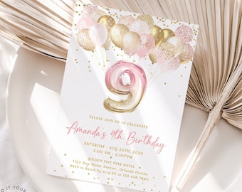 9th Birthday Invitation | Pink & Gold Glitter Balloon Evite | Editable Golden Birthday Party | Girl Party | Printable Digital Download J36