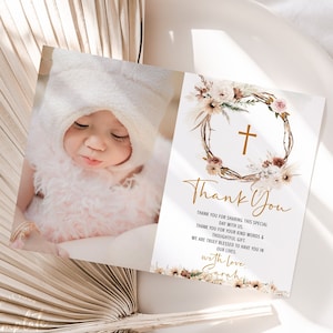 Modello di biglietto di ringraziamento per battesimo modificabile Modello di biglietto di ringraziamento per battesimo Boho stampabile con foto Battesimo personalizzato per bambino e bambina Boho BT2