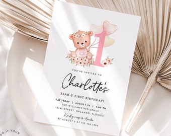 Editable Flower Bear Birthday Invitation Template Printable Bear-y First Birthday Invite Teddy Bear Girl Pink Bear with Heart Balloons J35