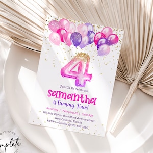 Pink 4th Birthday Invite Template, Glittery Purple Pink Balloons Forth Birthday Invitation, Printable Number 4 Birthday Editable Invite J36