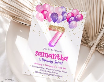 Pink 7th Birthday Invite Template, Glittery Purple Pink Balloons Seventh Birthday Invitation, Printable Number 7 Birthday Editable J36