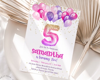 Rosa 5. Geburtstag einladen Vorlage, glitzernde lila rosa Luftballons fünfte Geburtstagseinladung, druckbare Zahl 5 Geburtstag bearbeitbar einladen J36