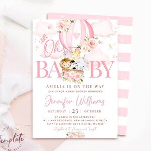 Editable Hot Air Balloon Baby Shower Invitation Template Printable Baby Shower Invite with Cute Animals Editable Baby Shower Invitation J9