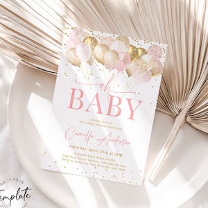 Bewerkbare sjabloon uitnodiging babyshower afdrukbare goud roze blush ballon babyshower uitnodiging gouden glitter babyshower meisje Corjl J36