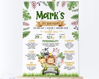 Editable Safari Animals Milestone Poster Template Printable Wild One Sign Birthday Party First Year Jungle Animals Party Decor Text Sign J6