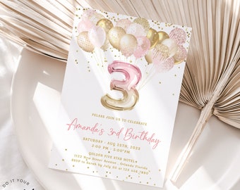 3rd Birthday Invitation | Pink & Gold Glitter Balloon Evite | Editable Golden Birthday Party | Girl Party | Printable Digital Download J36
