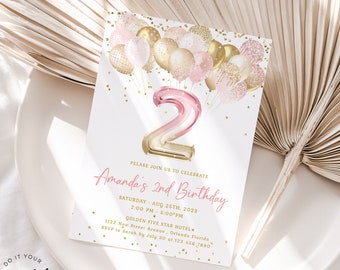 2nd Birthday Invitation | Pink & Gold Glitter Balloon Evite | Editable Golden Birthday Party | Girl Party | Printable Digital Download J36