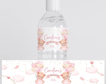 Editable Pink Bear Bottle Label Template Printable Bear Balloons Water Bottle Cute Bear Party Theme Heart Girl Labels Decor Birthday J21