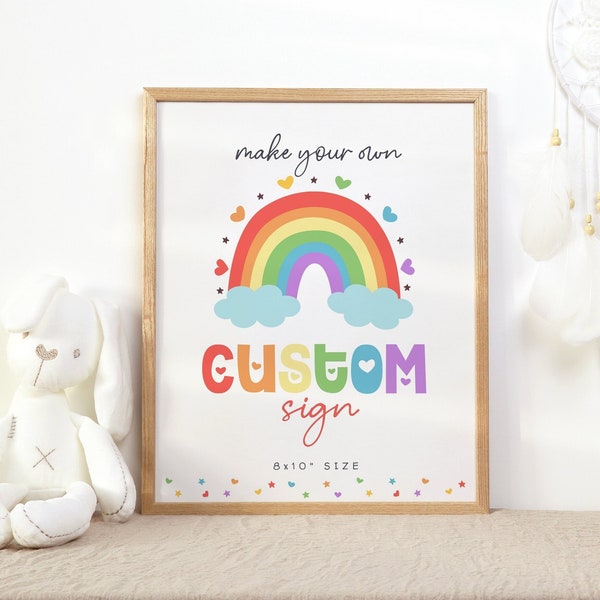 Rainbow Custom Sign Editable Baby Shower Birthday Table Sign Party Favor Colorful Rainbow Sunshine Bright Rainbow Hearts Table Decor J24