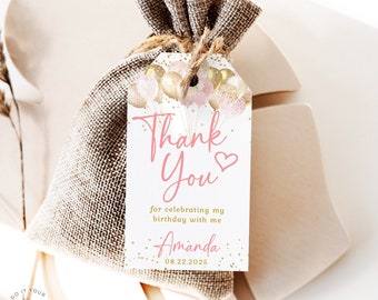 Gold Pink Thank You Tag Template Editable Favor Tag Balloons Birthday Gift Tags Sticker Printable Blush Pink Tag Gold Glittery Pastel J36