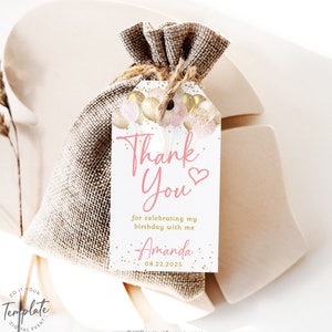 Gold Pink Thank You Tag Template Editable Favor Tag Balloons Birthday Gift Tags Sticker Printable Blush Pink Tag Gold Glittery Pastel J36