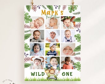 Editable 12 Month Photo Poster Wild One Photo Collage Sign Baby Boy Printable 1st Birthday 1 Year Milestone Safari Animals Sign Board J6