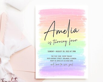 Editable Rainbow Birthday Invitation Template Printable Colorful Pastel Birthday Invite Electronic Watercolor Birthday Party Evite Card J18
