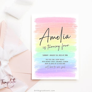 Editable Rainbow Birthday Invitation Template Printable Colorful Pastel Birthday Invite Electronic Watercolor Birthday Party Evite Card J18