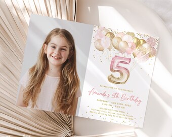 Editable 5th Birthday Invitation Template Gold Pink Glittery Balloons Birthday with Photo Invite Printable Number 5 Girl Birthday Party J36