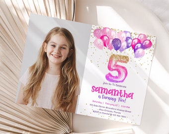 Editable 5th Birthday Invitation Template Glittery Purple Pink Balloons Birthday Invite with Photo Printable Number 5 Birthday Invite J36