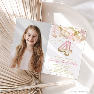 Editable 4th Birthday Invitation Template Gold Pink Glittery Balloons Birthday with Photo Invite Printable Number 4 Girl Birthday Party J36