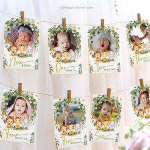 Banner mensal EDITÁVEL para primeiro aniversário para impressão de animais de safari para primeiro ano, cartão com foto, marco selvagem, modelo de decoração de festa de aniversário
